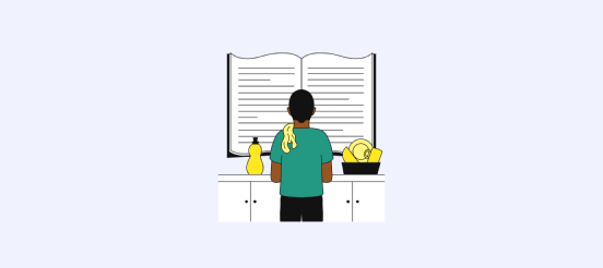 books illustration - a person doing dishes while reading a enlarged book in front of them